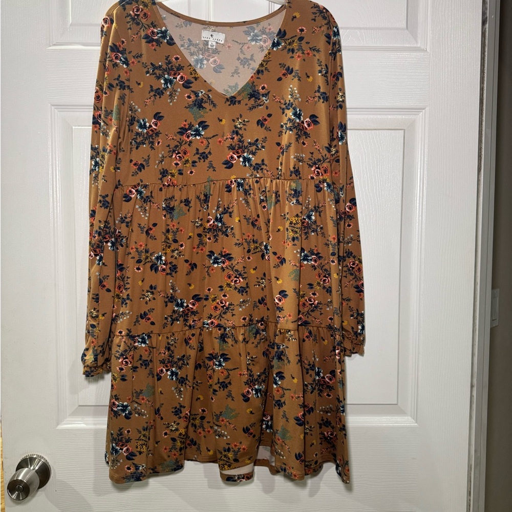 True Craft Brown Floral Long Sleeve Dress